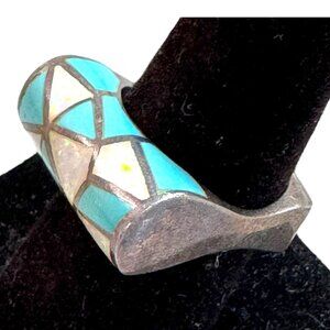 Vintage Sterling Silver Mosaic Inlay Ring  Turquoise & Opal Geometric Design 8